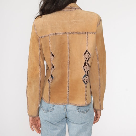 90s Crochet Suede Jacket Tan Leather Jacket Y2K Hippie Vintage Bohemian Button Up 1990s Boho Medium