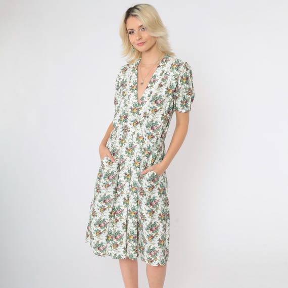 Vintage 80s Floral Dress Lace Trim Deep V Neck Midi Boho Faux Wrap Pleated Romantic 1980s High Waisted Puff Sleeve White Green Petite Small
