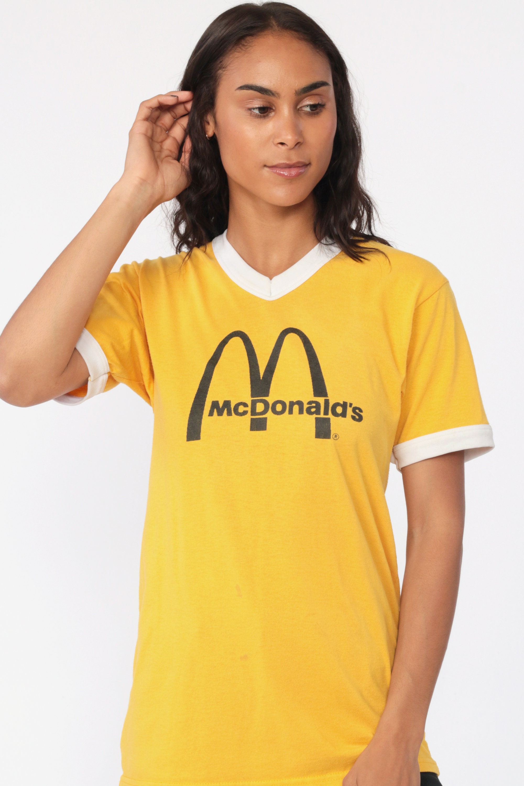 Vintage McDonald's Shirt Ringer Tee Shirt 90's Graphic Shirt Retro V Neck Yellow Tshirt Vintage