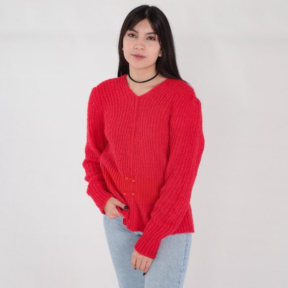 Red Sweater 80s Ribbed Knit Pullover Sweater Retro Plain Basic V-Neck Jumper Button Up Simple Minimalist Knitwear 1980s Acrylic Medium