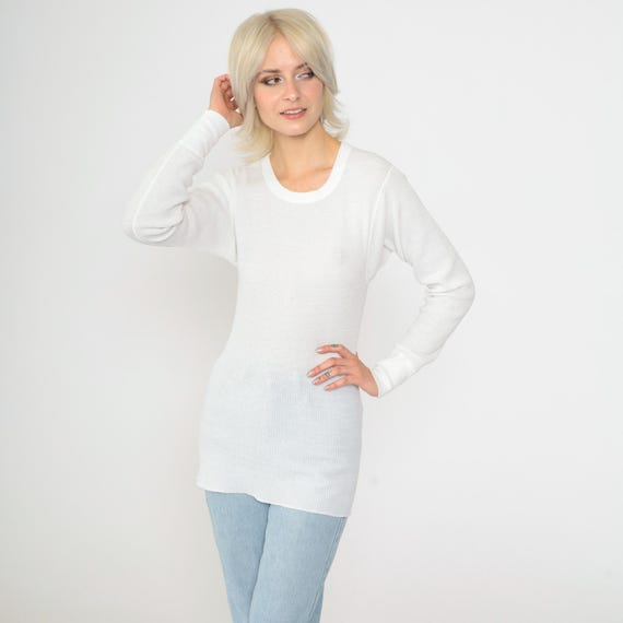 White Thermal Underwear Shirt 80s Long Sleeve Undershirt Waffle Shirt 90s Under Shirt T Shirt Retro Tee Layer Vintage Small