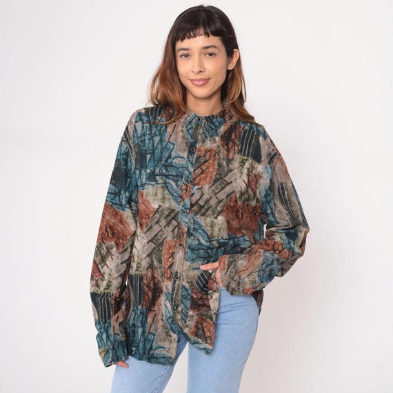 Abstract Earthy Tones Shirt Y2K Print Blue Brown Green Cotton Long Sleeve Collar Plus Size Vintage Blouse  Extra Extra Extra Large 3XL