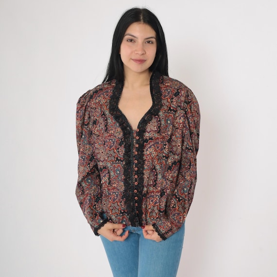 Vintage Paisley Blouse 80s Puff Sleeve Button Up Shirt Lace Trim Long Sleeve Top Boho 1980s Purple Red Bohemian Retro Large xl