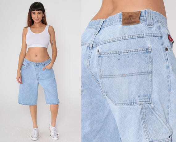 Y2K Jorts Light Wash  Denim Carpenter Shorts Utility Cargo Pockets Baggy Fit Mid Rise Jean Shorts USA Flag Patch Vintage Workwear 36