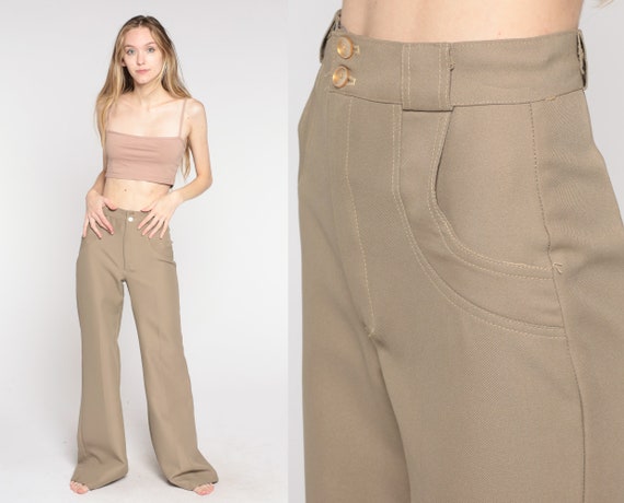 Taupe Bell Bottoms 70s Flared Pants Boho Hippie Flares Bellbottom High Waisted Rise Bohemian Trousers Vintage 1970s Extra Small xs Tall Long