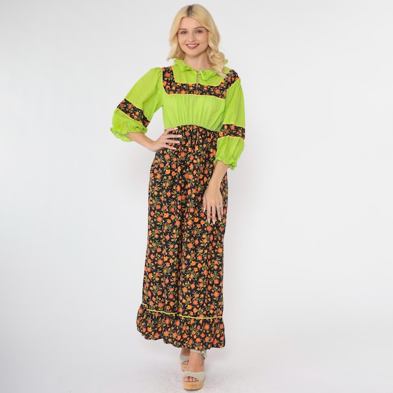 70s Floral Maxi Dress Peasant Dress Lime Green Boho Vintage Semi-Sheer Dress 1970s Bohemian High Waist Retro Black Ruffle Puff Sleeve Medium