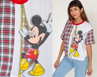 Mickey Mouse T-Shirt 90s Disney Ringer Tee Plaid Mickey Unlimited Cartoon Graphic Single Stitch TShirt White Red Vintage 1990s Small S