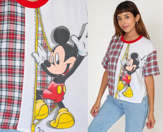 Mickey Mouse T-Shirt 90s Disney Ringer Tee Plaid Mickey Unlimited Cartoon Graphic Single Stitch TShirt White Red Vintage 1990s Small S