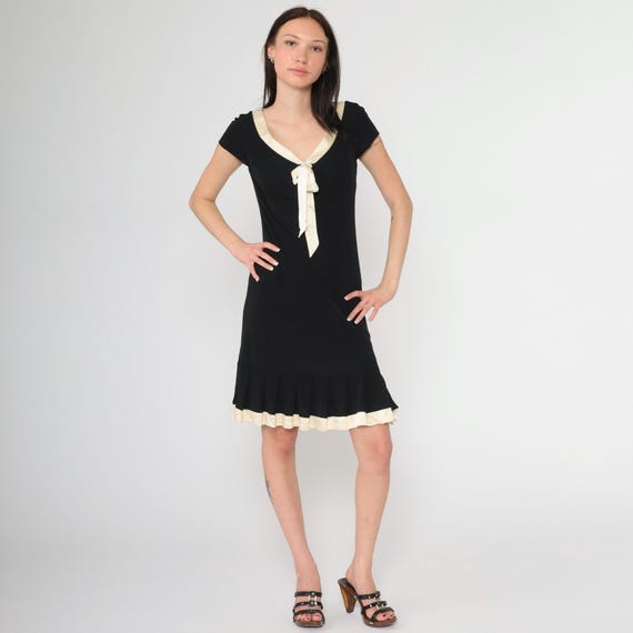 Vintage 90s Black Cocktail Dress Y2K Pleated Silk Trim Hem Cream Ascot Bow Neck Mini Short Cap Sleeve Classic Going Out Size 2 xs