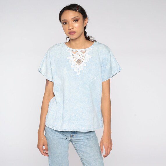 Lace Cutout Blouse Acid Wash Top Blue Denim-Look Boho Blouse Cut Out Top 80s Bohemian Cutwork 1980s Festival Medium