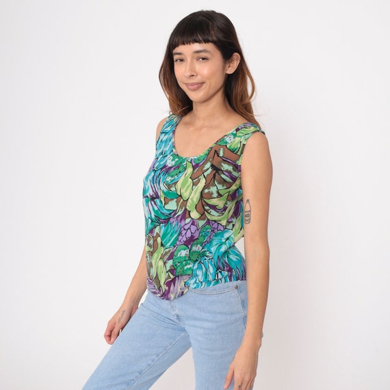 90s Botanical Tank Top Green Abstract Leaf Shirt Tropical Sleeveless Blouse 1990s Vintage Green Blue Purple Rayon All Over Print AOP Small