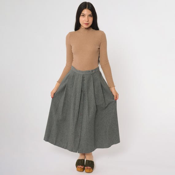 Button Front Skirt 80s Gray Wool Vintage Midi Academic Preppy Dark Academia Scholar Nerd Girl Student Aesthetic Librarian Small S 4