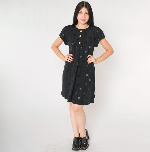 90s Black Mini Dress Embossed Polka Dot Pearl Button Up Dress Mini A-Line Short Sleeve Vintage Shift 1990s Small 6