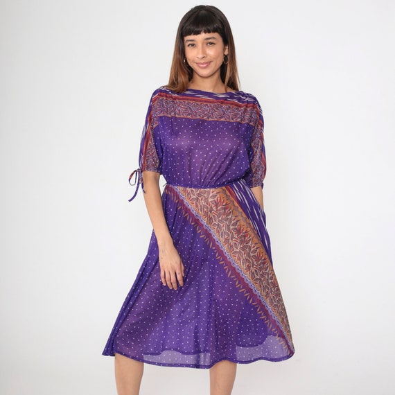 70s Sheer Purple Dress Leaf Print Boho Midi Dress with Dolman Tie Sleeves Vintage 1970s Summer Dress Bohemian Confetti Small Medium 6/8