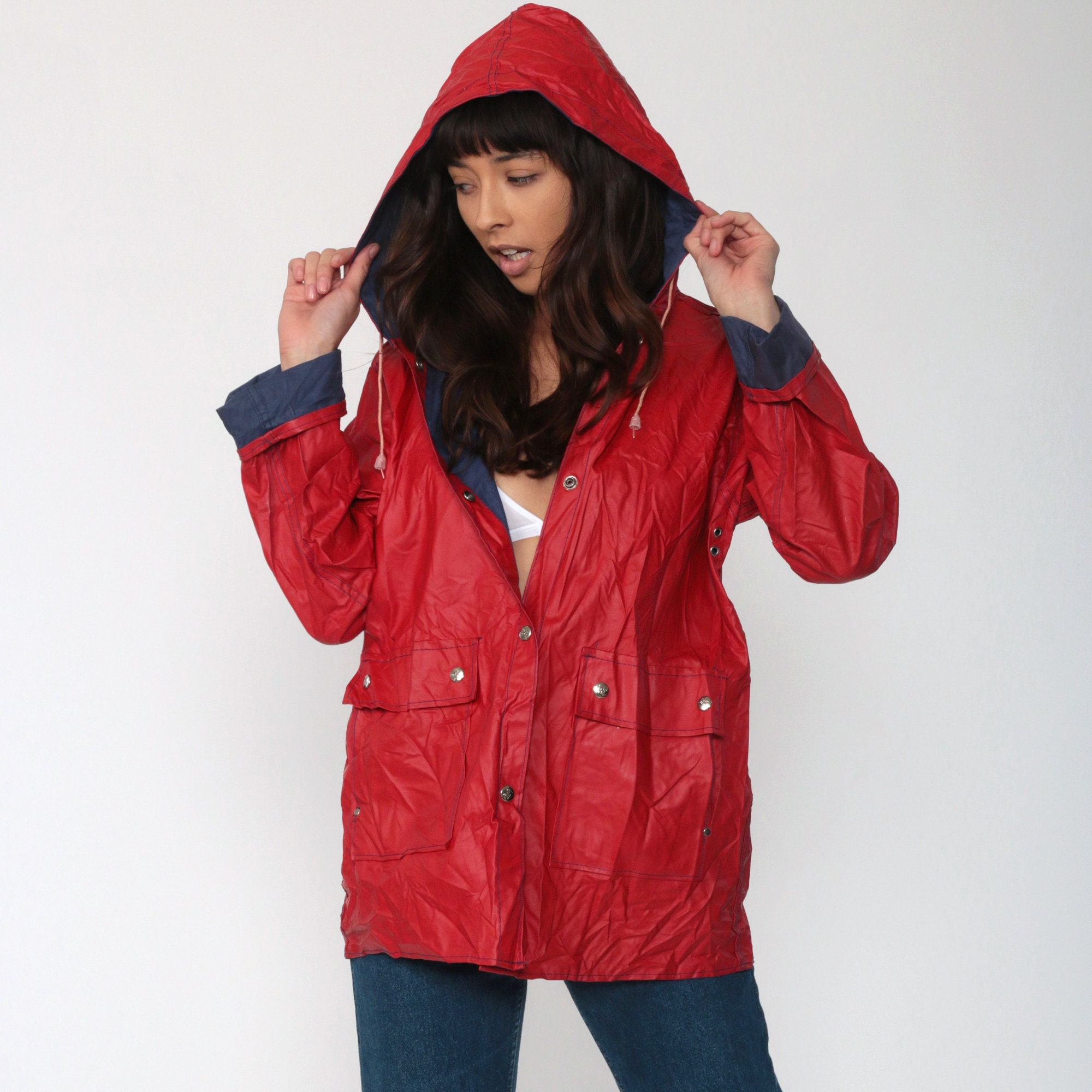 women's red raincoat with hood