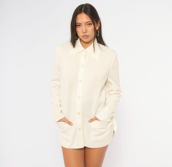 70s Dalton Knit Cardigan Cream Collared Button Front Patch Pockets Long Sleeve Off White Jacket Vintage Preppy Academia Layering Medium M