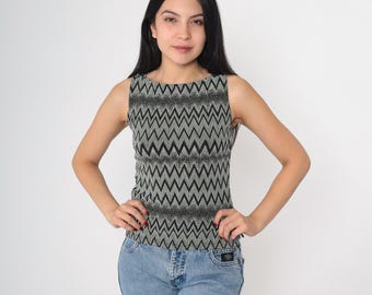 Vintage Sparkly Tank Top 90s Black White Chevron Metallic Sleeveless Blouse Retro Clubwear Glam Going Out Shirt 1990s Tight Bodycon Small