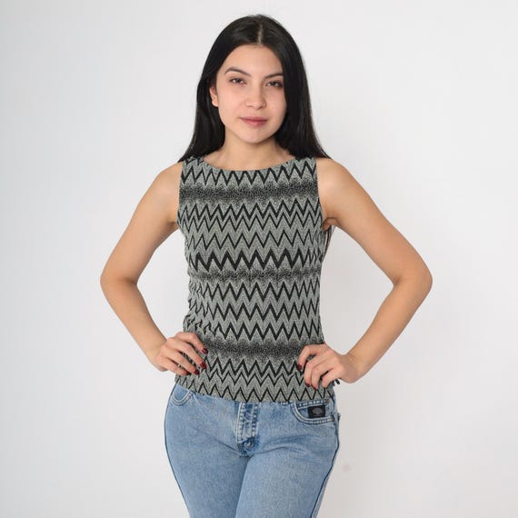 Vintage Sparkly Tank Top 90s Black White Chevron Metallic Sleeveless Blouse Retro Clubwear Glam Going Out Shirt 1990s Tight Bodycon Small