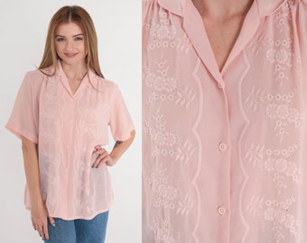 Floral Embroidered Blouse 80s Semi-Sheer Pink Top Puff Sleeve Button up Shirt Collared Pastel Feminine Romantic Darling Vintage 1980s Large