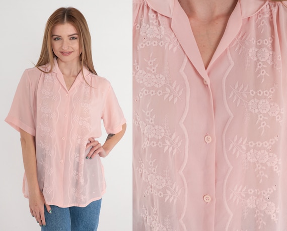 Floral Embroidered Blouse 80s Semi-Sheer Pink Top… - image 1