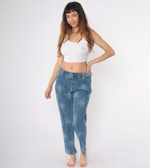 Y2K Floral Jeans Vintage Blue Straight Leg High Rise Waist Retro Blue Denim Relaxed Retro 00s High Sierra Size Large 14