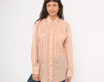 Perzik westernshirt jaren 80 drukknoop blouse satijnen streep glinsterende cowgirl top roze lange mouw country rodeo stoffige zalm vintage grote L
