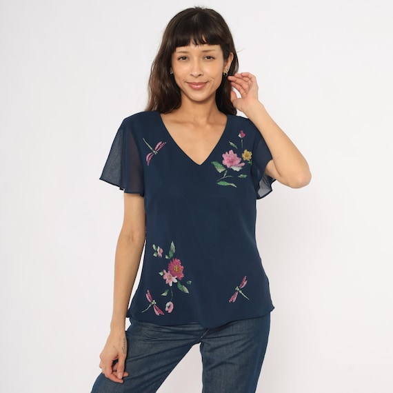 Floral Dragonfly Blouse 90s Navy Chiffon Flutter Sleeve V Neck Top Sheer Botanical Garden Party Whimsical Dark Blue Shirt Vintage Large L
