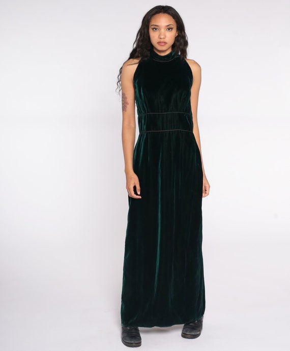 Velvet Maxi Dress 60s 70s Green Party Dress Mod Bow Dress Cocktail 60s Vintage High Waist Gothic Sleeveless 1970s Goth Small Medium