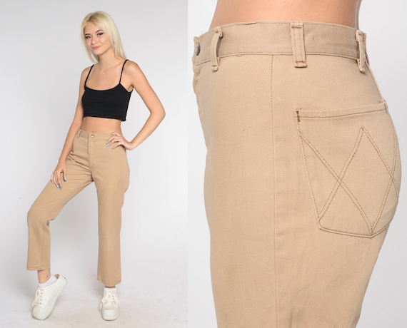 70s Wrangler Pants Tan Bootcut Leg Trousers Retro High Waisted Slacks Simple Plain Neutral Ankle Pants Seventies Vintage 1970s Small S 29