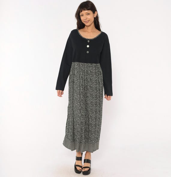 90s Ditsy Floral Dress Black White Long Sleeve Cotton Empire Waist Button Prairie Cottagecore Calico Colorblock Soft Grunge Vintage Large L