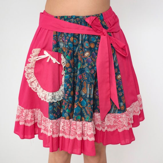 Patchwork Midi Skirt 80s 90s Prairie Bright Pink Blue Lace Trim Binocular Print High Waisted Ruffle Flounce Cottagecore Vintage Medium
