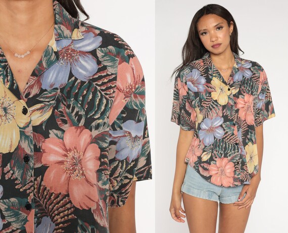 Tropical Floral Blouse 90s Button Up Shirt Summer Short Sleeve Top 1990s Vintage Purple Yellow Orange Green Botanical Medium Large