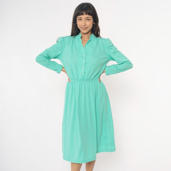 80s Mint Green Dress Long Sleeve Collar Elastic Waist Puff Shoulder Secretary Office Work Preppy Light Academia Vintage Small Medium S M