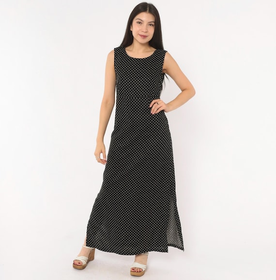 90s Polka Dot Maxi Dress Black White Sleeveless Floor Length Spotted Print Summer Spring Grunge Alternative Vintage Jamie Brooke Medium M