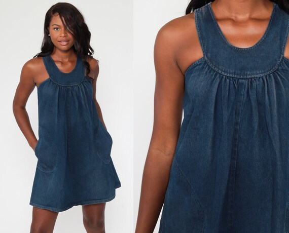 Denim Mini Dress 70s Boho Jean Tent Dress Mini Dre