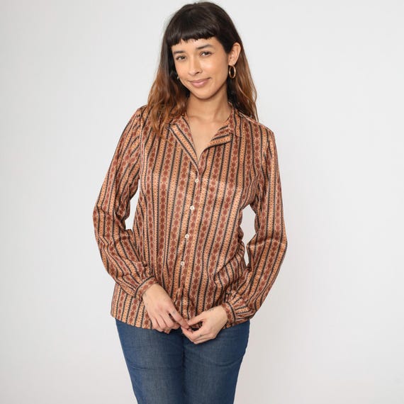 Vintage Striped Button Up Shirt 70s 80s Geometric Blouse Collared Long Sleeve Secretary Top 1980s Preppy Tan Brown Retro Medium Large