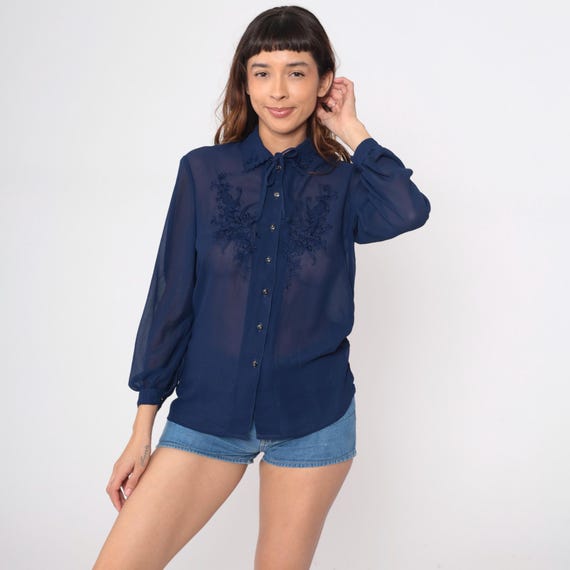80s Navy Blue Embroidered Blouse Button Front Long Sleeve Pussy Bow Tie Neck Floral Secretary Vintage Sheer Feminine Romantic Prairie Medium