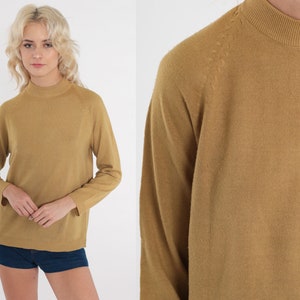 Mustard Yellow Sweater 70s Knit Sweater Lightweight Mock Neck Sweater Raglan Sleeve Pullover Jumper Plain 1970s Vintage Medium image 1