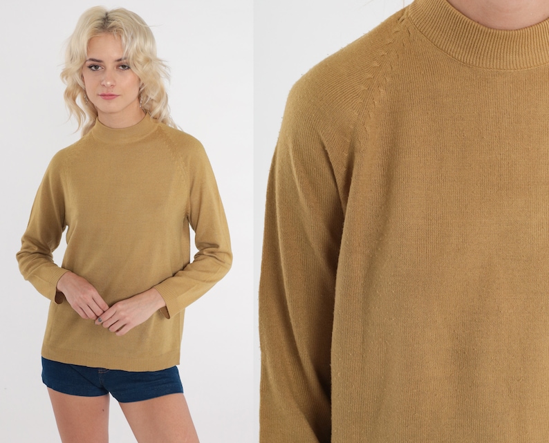 Mustard Yellow Sweater 70s Knit Sweater Lightweight Mock Neck Sweater Raglan Sleeve Pullover Jumper Plain 1970s Vintage Medium image 1