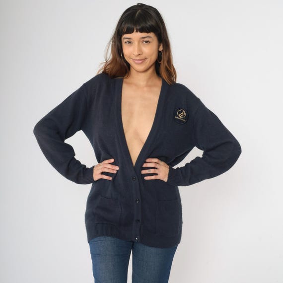 Vintage Navy Blue Girl Scouts Cardigan 80s Embroidered Patch Deep V Neck Button Up Knit Sweater Pockets 1980s Large L