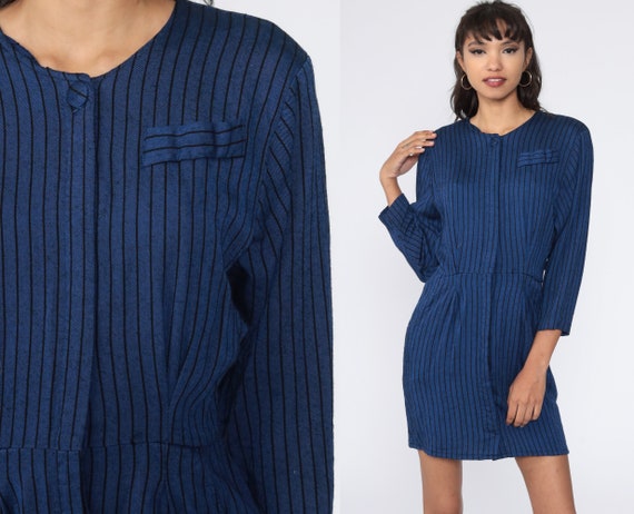 Striped Secretary Dress 80s Button Up Mini Dress Blue Shirtdress High Waist 1980s Vintage 3/4 Sleeve Dress Small S