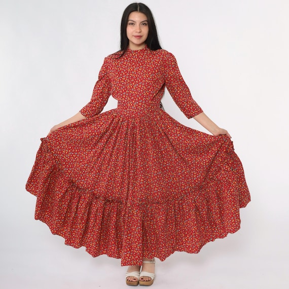 70s Prairie Dress Red Calico Floral Fruit Print Maxi Puff Sleeve High Neck Ruffled Cottagecore Flounce Boho Low Waist Vintage 1970s Small