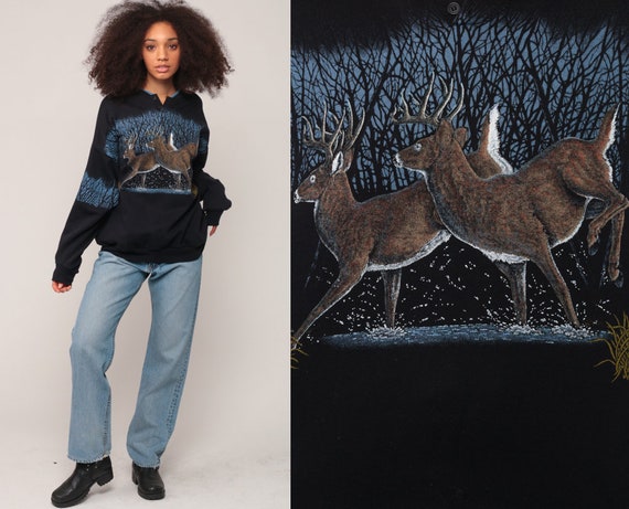 Deer Sweatshirt Animal Sweatshirt 80s Print Jumper Pullover Buck Shirt Wildlife Shirt Hipster Vintage Slouchy Large