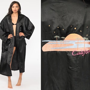 Satin California Robe 80s Dressing Gown Black Wrap Robe Embroidered Maxi Full Length Robe Vintage 1980s Small Medium Large xl