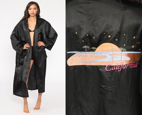 Satin California Robe 80s Dressing Gown Black Wrap Robe Embroidered Maxi Full Length Robe Vintage 1980s Small Medium Large xl