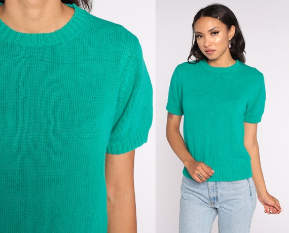 Green Knit Shirt 90s Cotton Knit Top Short Sleeve… - image 1