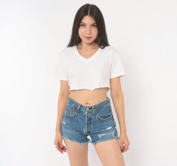 Levi's 501 Cutoff Shorts Distressed Denim Blue Jean Button Fly Raw Hem Frayed Cotton High Rise Cut Off Hot Pants Vintage Extra Small XS