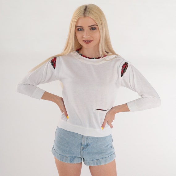 90s Sweatshirt White Red Plaid Crewneck Sweater Shoulder Snap Long Sleeve Shirt Plain Pullover Retro Basic Top Vintage 1990s Extra Small xs