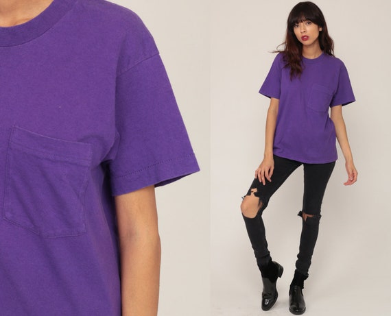Purple Shirt Plain TShirt 80s T Shirt Pocket Shirt 90s Top Hipster Retro Tee Vintage Normcore Basic Women Medium Large