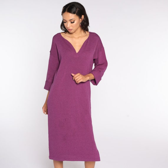 Purple Knit Dress 80s 90s Midi Dress Shift Dress 1990s Long Sleeve Plain Dress V Neck Large 14 L